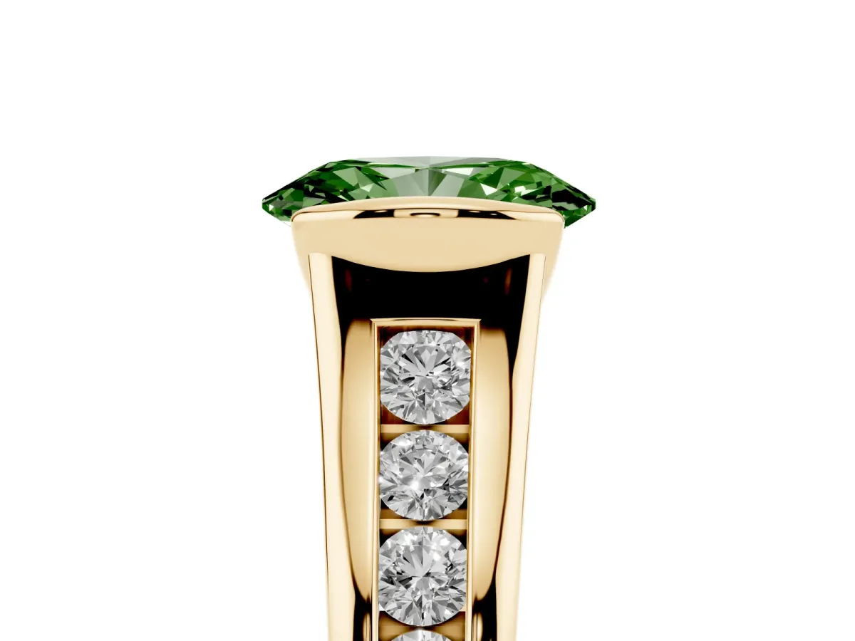 Fancy Green Oval Cut Solitaire Bezel-Set Diamond Ring with Channel-Set Band Yellow gold