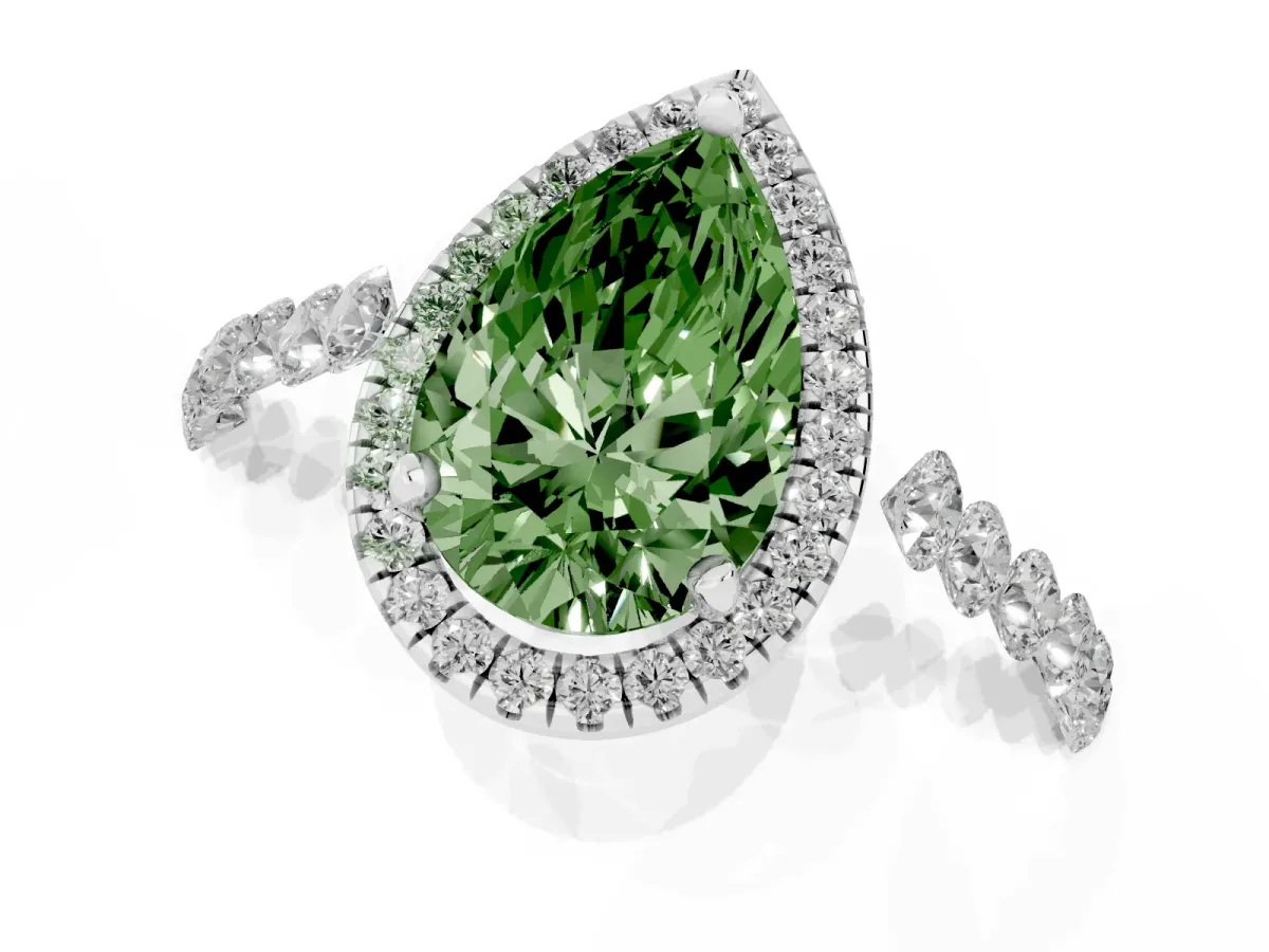 Fancy Green Pear Cut Halo Pavé Diamond Engagement Ring with Four-Prong Setting Platinum