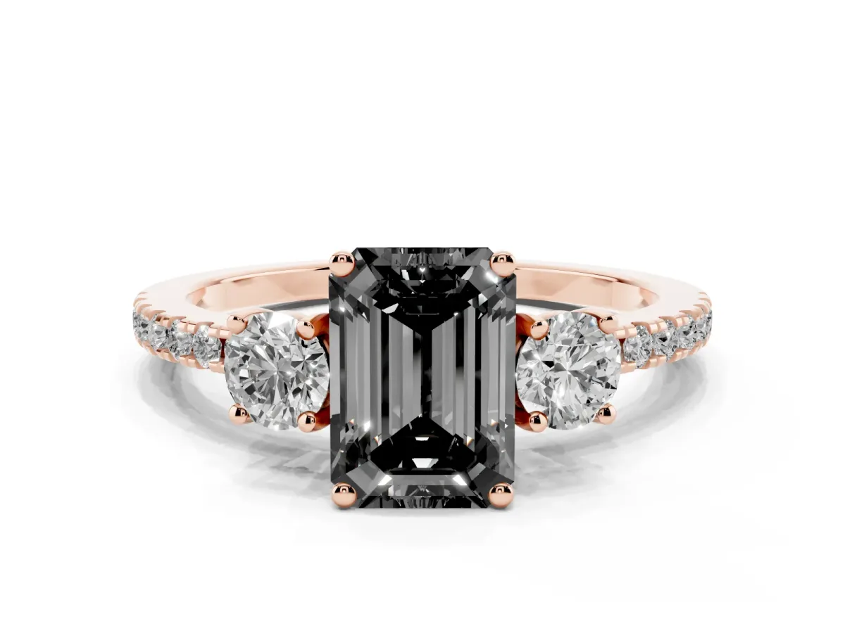 Fancy Black Three-Stone Emerald Cut Cut Diamond Pavé Band with Prong Setting Rose gold