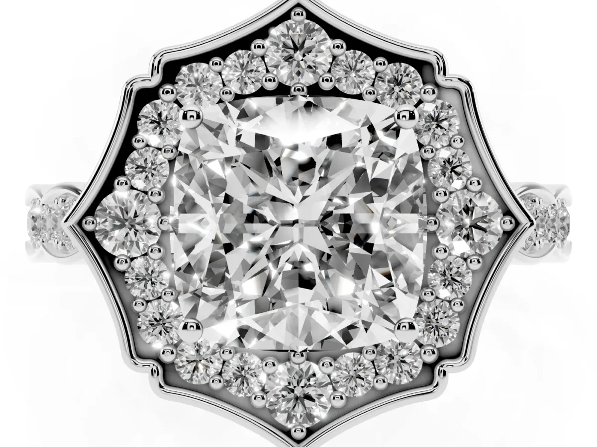 Cushion Cut Halo Diamond Engagement Ring with Milgrain Band and Four-Prong Setting White gold