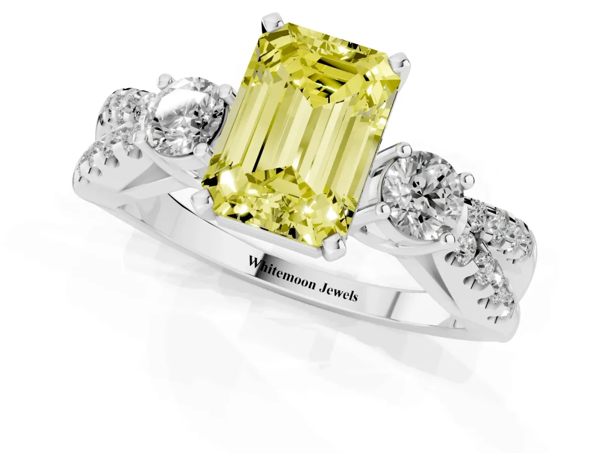 Fancy Yellow Emerald Cut Diamond Three-Stone Ring with Pavé Split Shank and Four-Prong Setting Silver