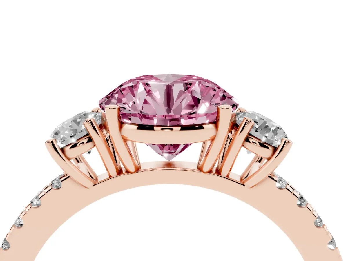 Fancy Pink Three-Stone Round Cut Cut Diamond Pavé Band with Prong Setting Rose gold