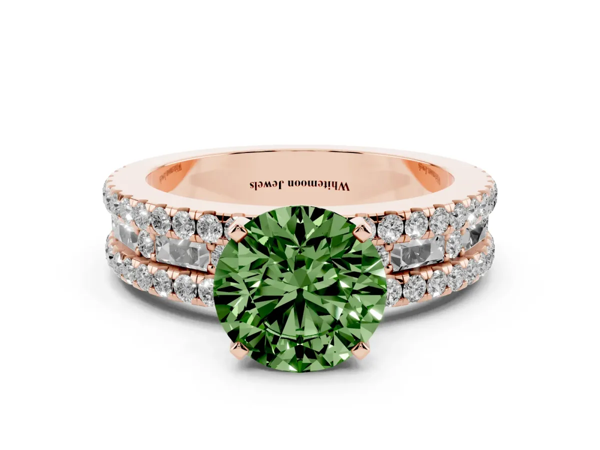Fancy Green Round Cut Diamond Solitaire Ring with Pavé and Channel Set Band Rose gold