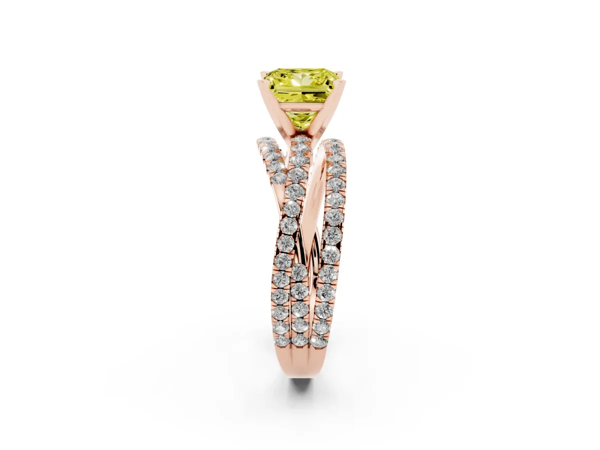 Fancy Yellow Princess Cut Solitaire Twist Band with Pavé Setting and Four-Prong Setting Rose gold