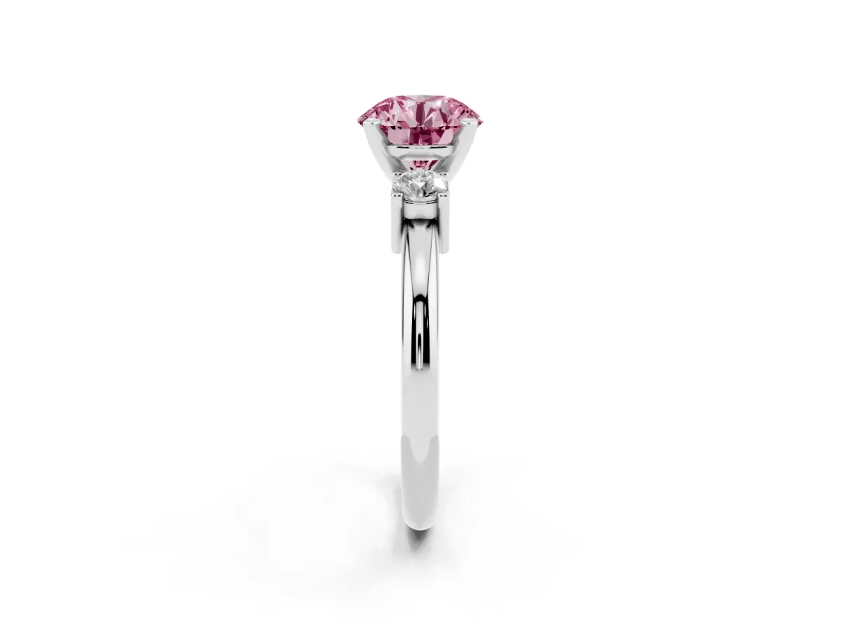 Fancy Pink Three-Stone Round Cut Cut Diamond Solitaire with Prong Setting and Classic Band Silver