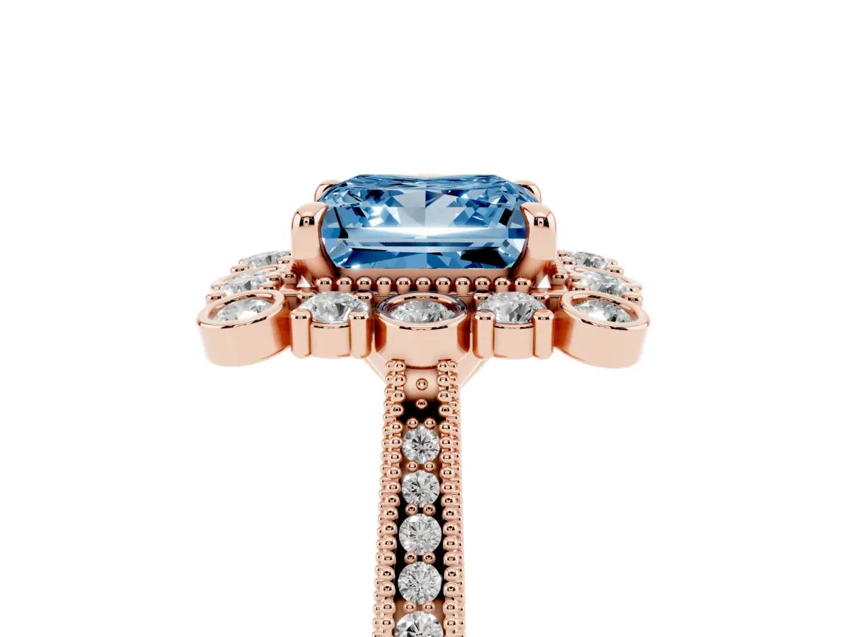 Fancy Blue Princess Cut Halo Milgrain Pave Diamond Ring with Four-Prong Setting Rose gold
