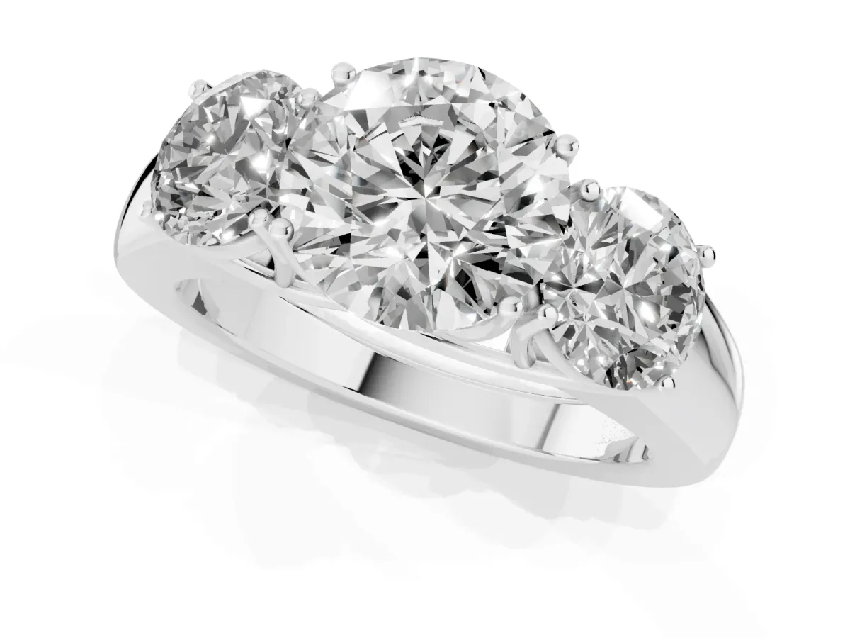 Three-Stone Round Cut Cut Diamond Ring with Prong Setting and Classic Band Silver