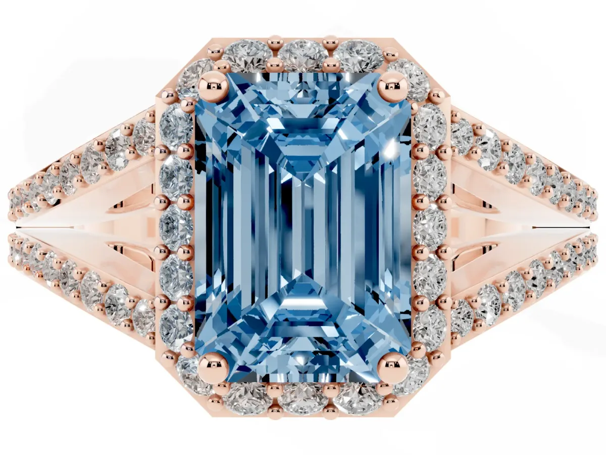 Fancy Blue Emerald Cut Halo Split Shank Pave Diamond Ring with Four-Prong Setting Rose gold