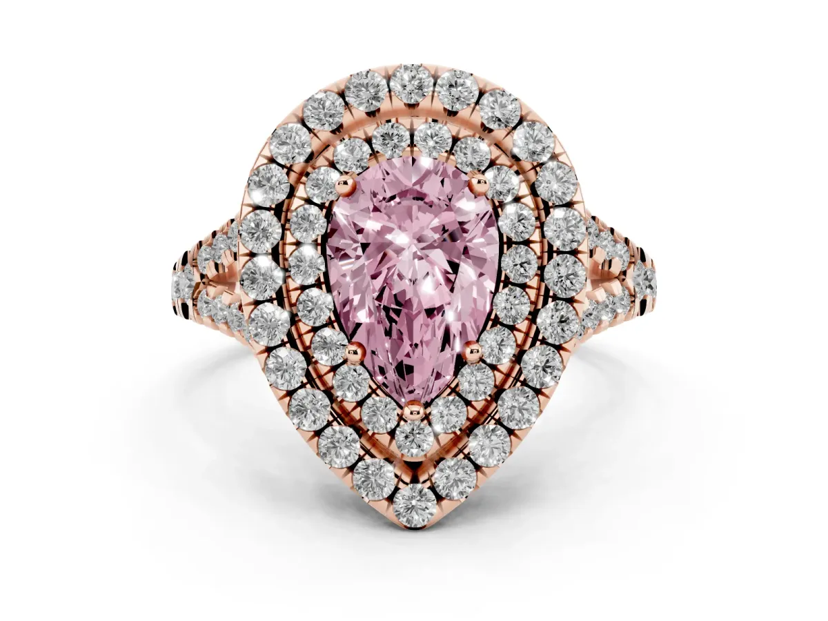 Fancy Pink Double Halo Pear Cut Diamond Pavé Split Shank Ring with Prong Setting Rose gold