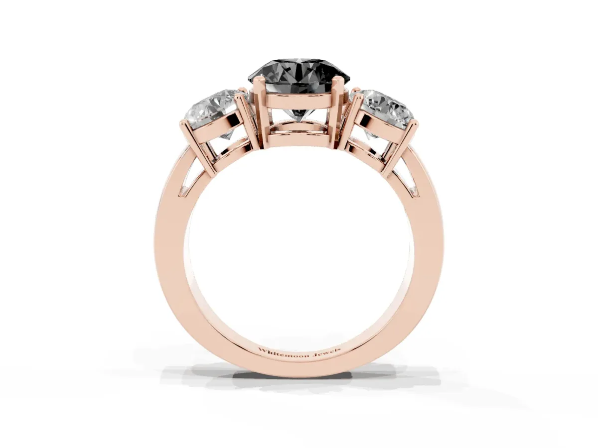 Fancy Black Three-Stone Round Cut Diamond Ring with Round Side Stones, Classic Band, and Four-Prong Setting Rose gold