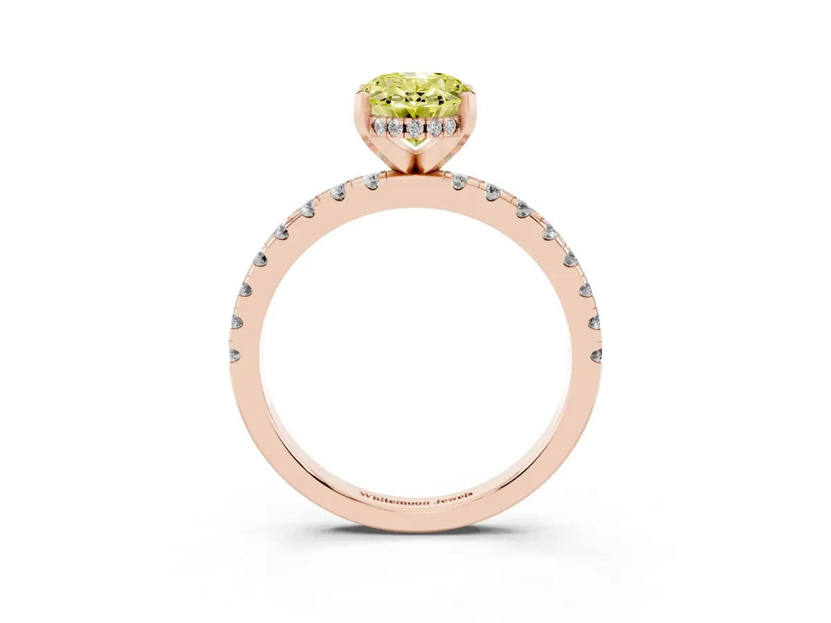 Fancy Yellow Oval Cut Diamond Solitaire Ring with Round Pavé Band and Four-Prong Setting Rose gold