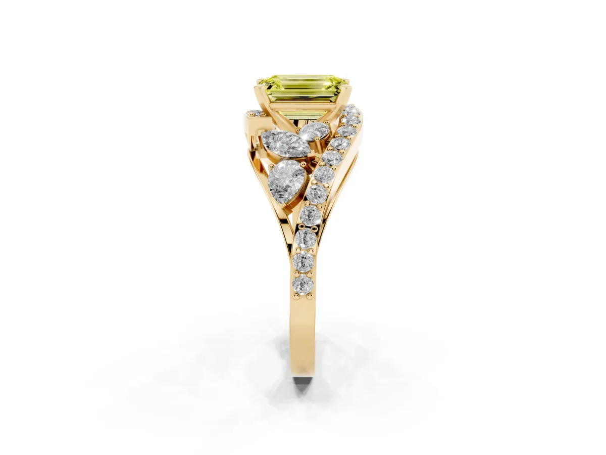 Fancy Yellow Emerald Cut Diamond Halo Ring with Marquise and Pavé Band in Prong Setting Yellow gold