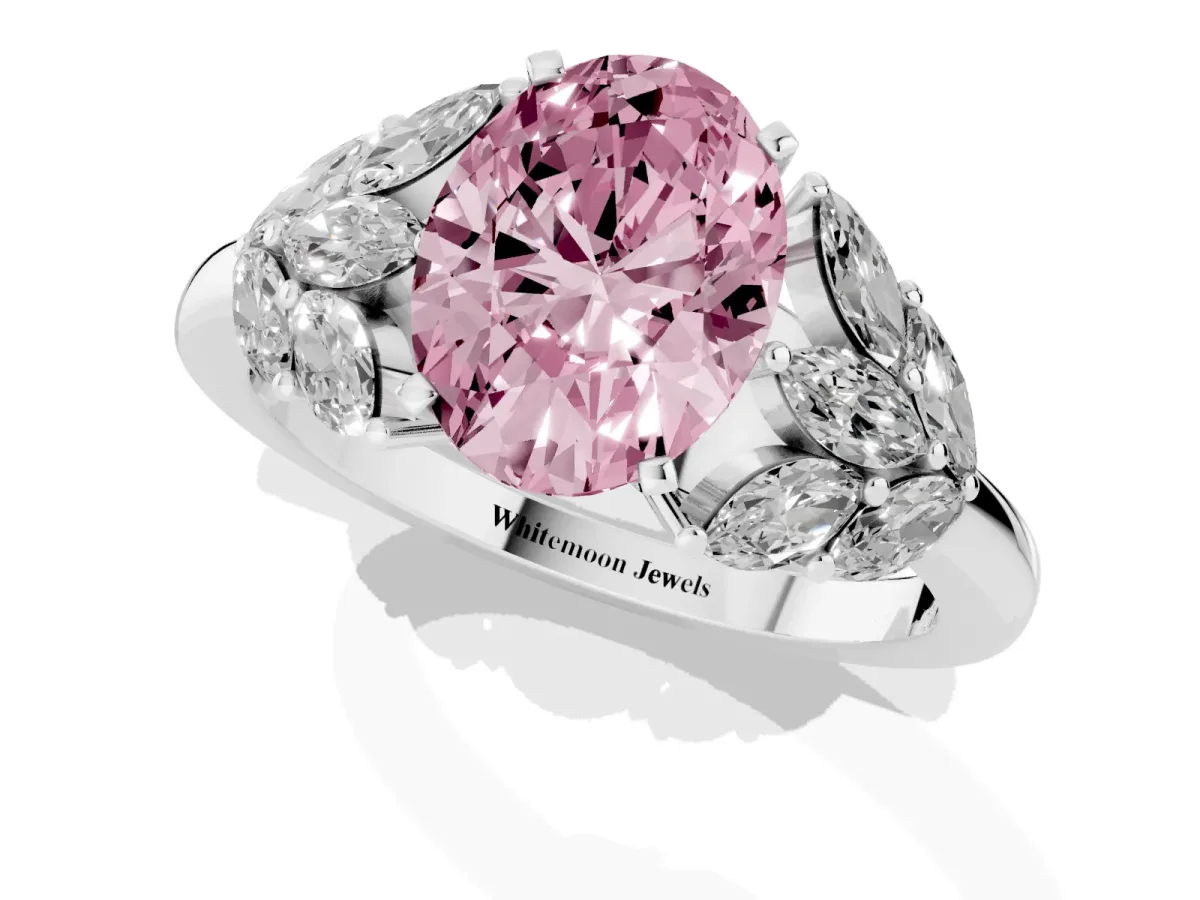 Fancy Pink Oval Cut Diamond Cluster Leaf Design Ring with Prong Setting Platinum