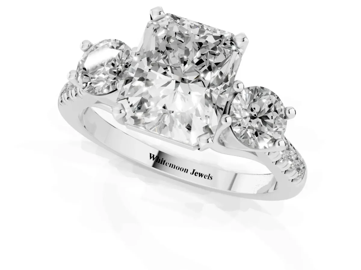 Three-Stone Radiant Cut Diamond Pavé Band with Four-Prong Setting Silver