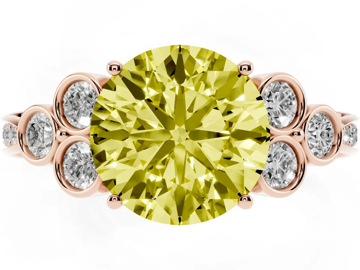 Fancy Yellow Round Cut Cut Diamond Engagement Ring with Bezel Set Round Side Stones and Prong Setting Rose gold