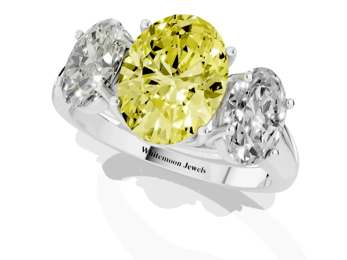 Fancy Yellow Three-Stone Oval Cut Diamond Engagement Ring with Prong Setting Platinum