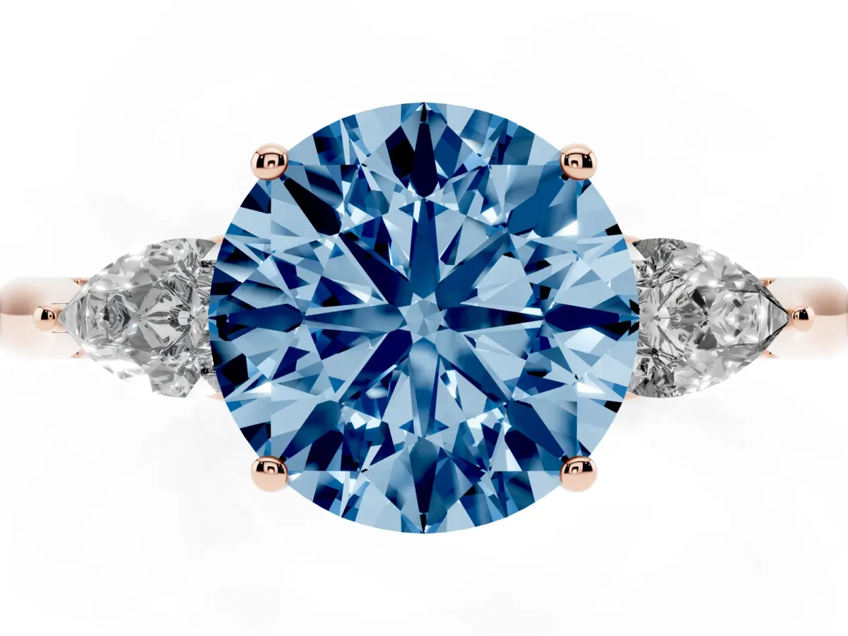 Fancy Blue Three-Stone Round Cut Brilliant Diamond Solitaire Ring with Tapered Band and Four-Prong Setting Rose gold