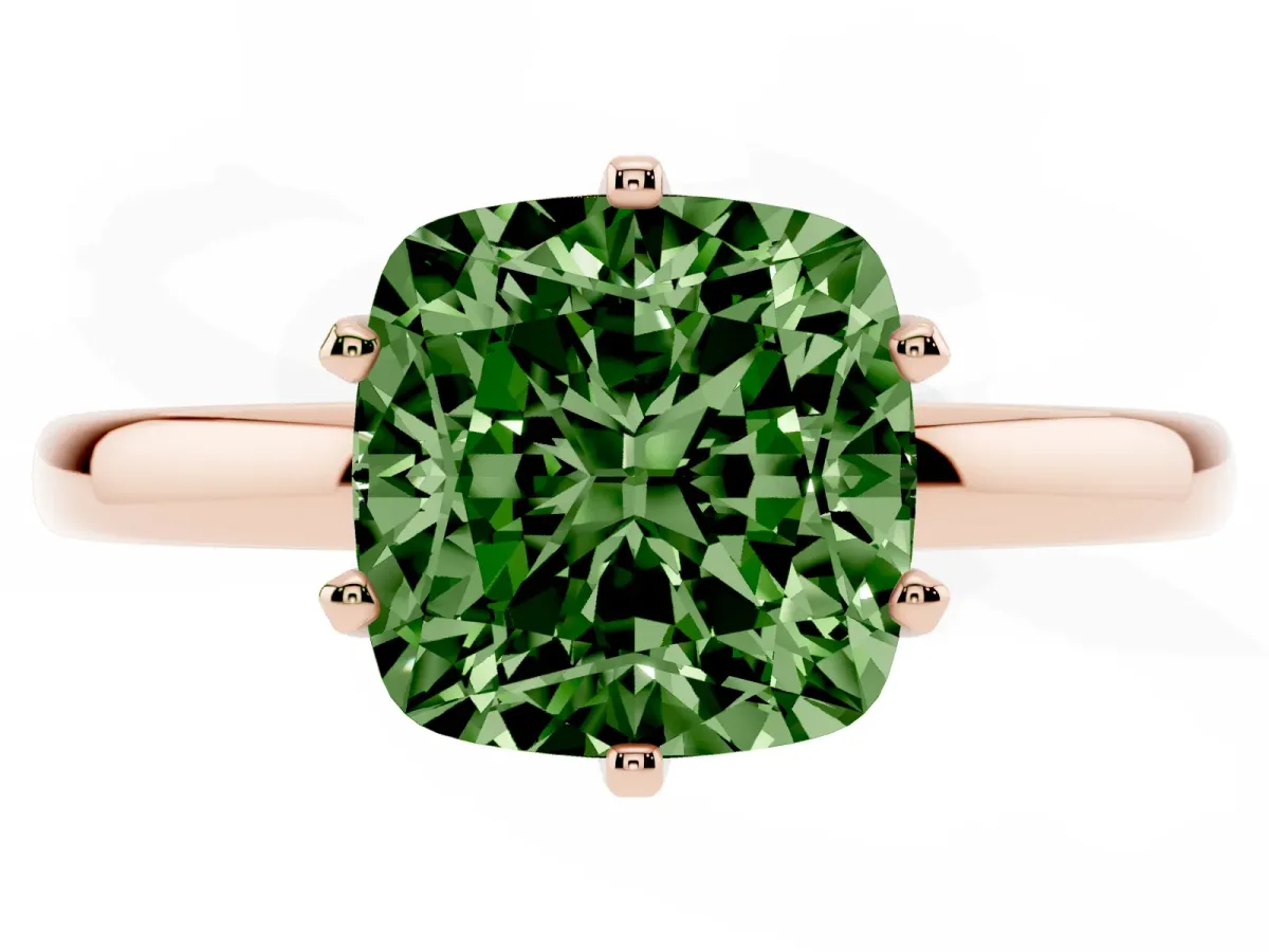 Fancy Green Cushion Cut Solitaire Diamond Ring with Six-Prong Setting on a Classic Band Rose gold