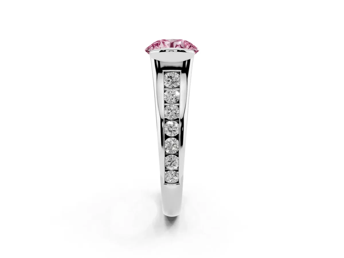Fancy Pink Round Cut Solitaire Bezel-Set Diamond Ring with Channel-Set Band Platinum