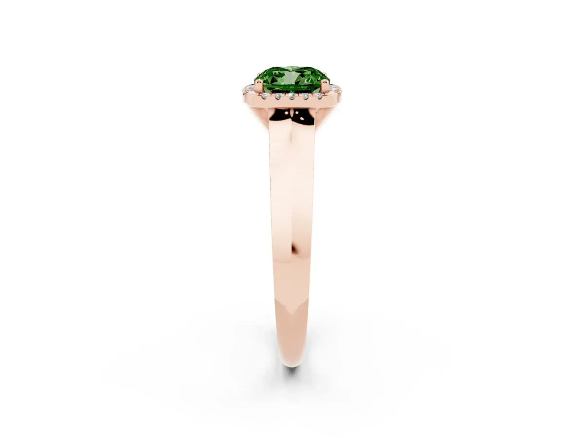 Fancy Green Cushion Cut Halo Diamond Ring with Cathedral Band and Four-Prong Setting Rose gold