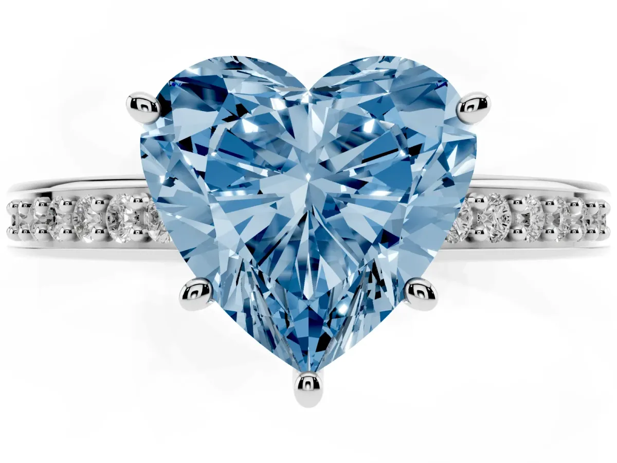 Fancy Blue Heart Cut Solitaire Pavé Band Prong Setting Ring White gold