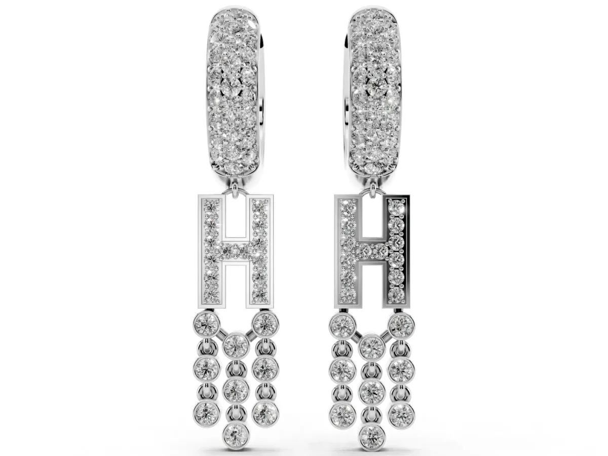 Round Diamond Initial H Huggie Hoop Earrings Silver