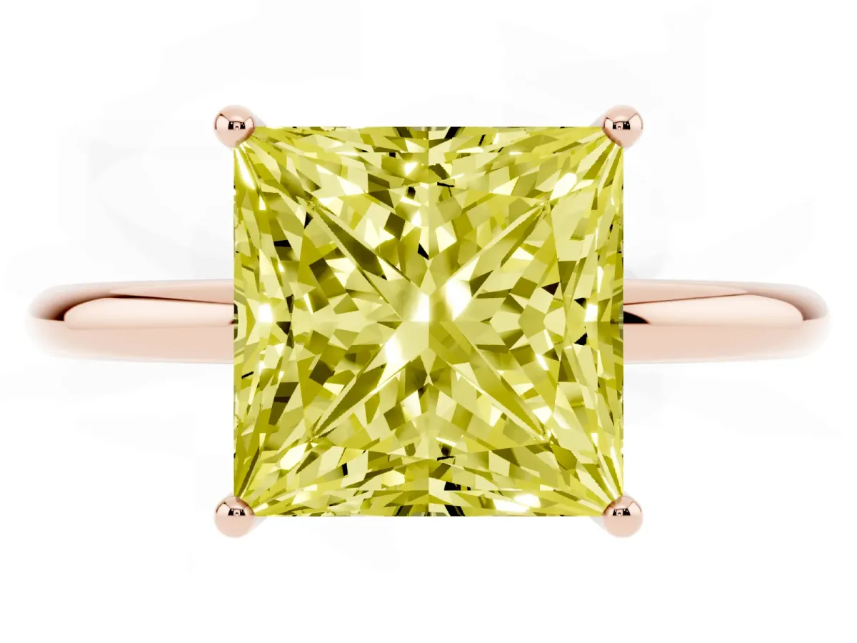 Fancy Yellow Princess Cut Solitaire Diamond Ring with a Classic Band and Four-Prong Setting Rose gold