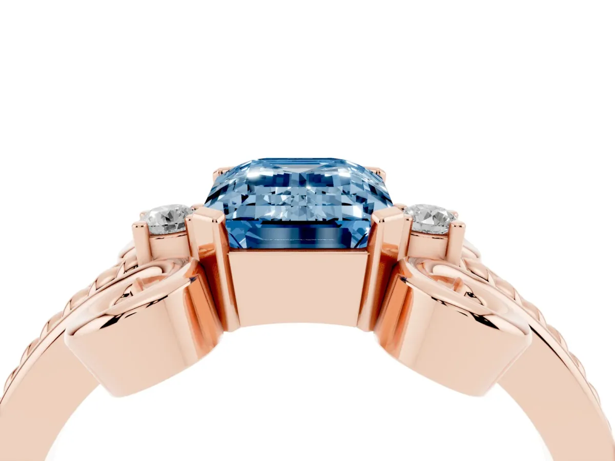 Fancy Blue Emerald Cut Solitaire Twisted Band Scroll Prong Ring Rose gold