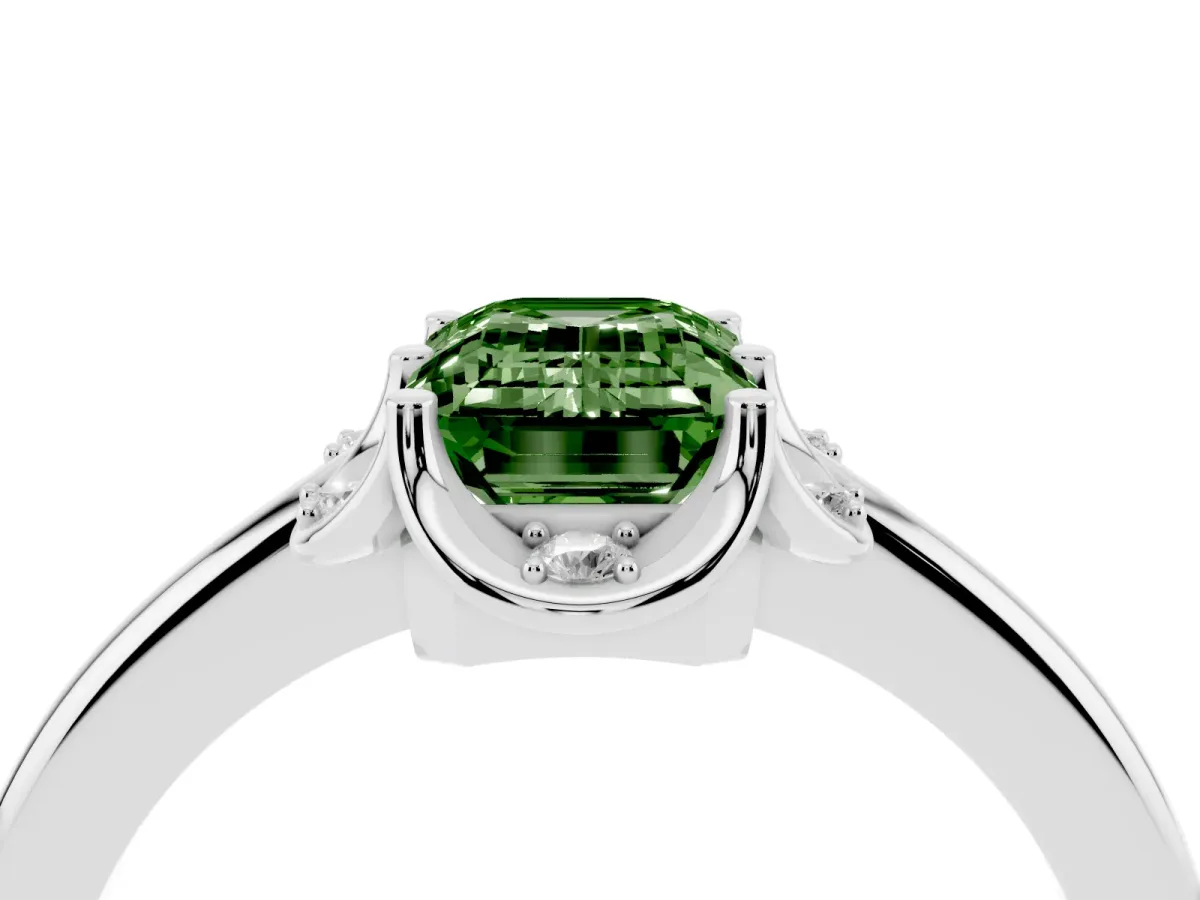 Fancy Green Emerald Cut Halo Diamond Ring with Round Cluster Setting, Solitaire Band, and Four-Prong Setting Silver