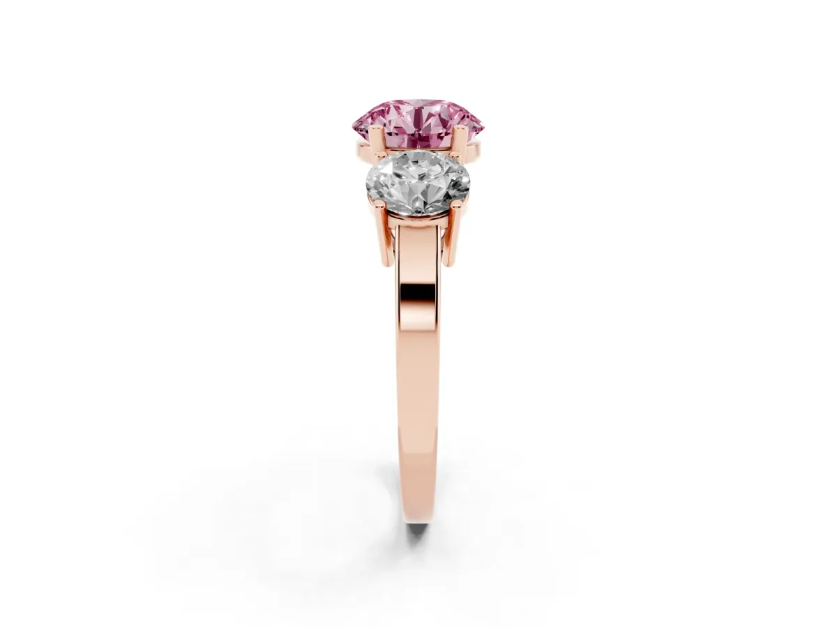 Fancy Pink Three-Stone Round Cut Cut Diamond Engagement Ring with Flat Band and Four-Prong Setting Rose gold