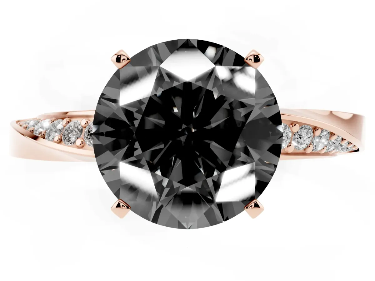 Fancy Black Round Cut Diamond Engagement Ring with Side Stone Accents and Four-Prong Setting Rose gold