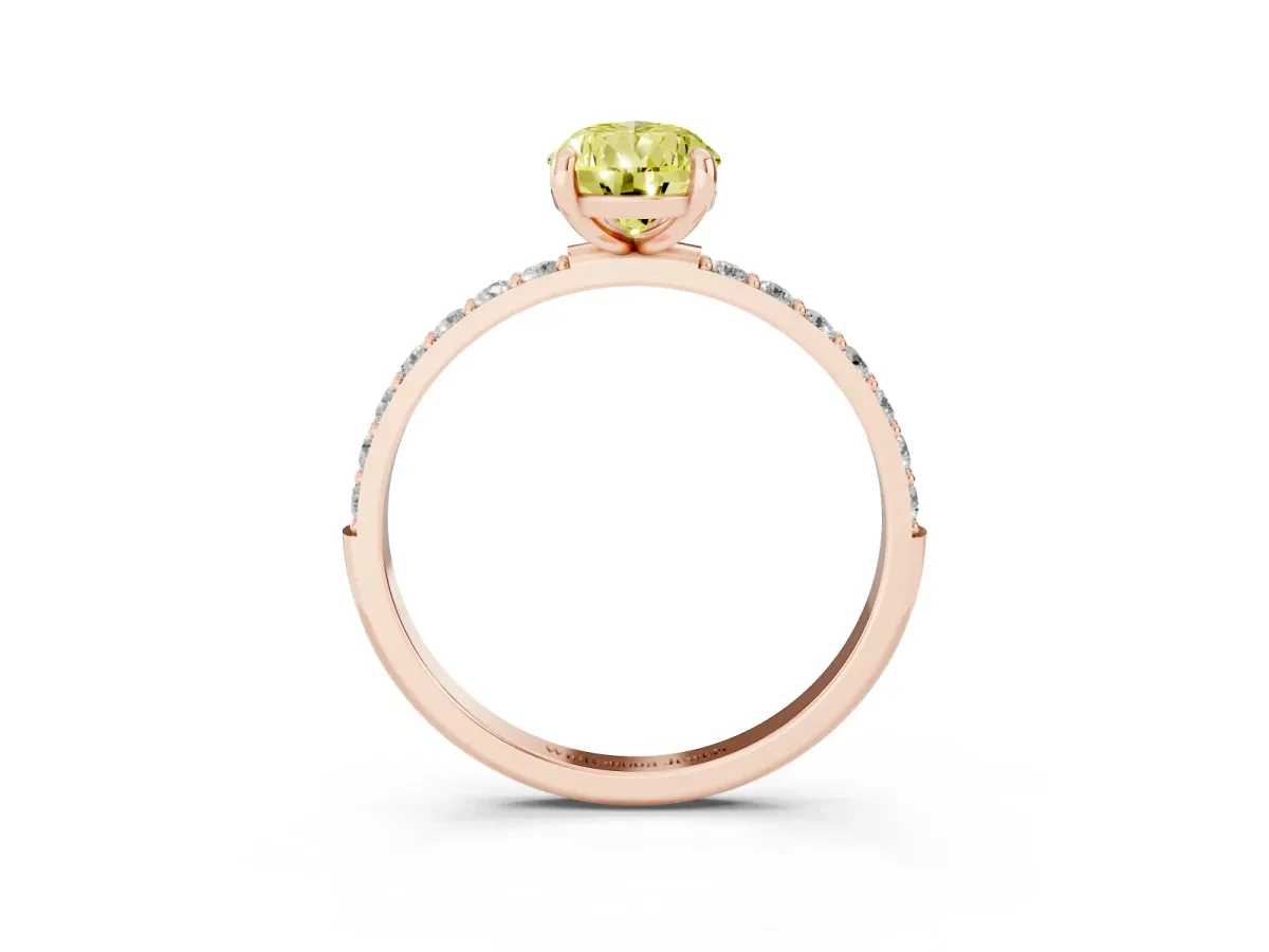 Fancy Yellow Pear Cut Diamond Solitaire Ring with Round Pavé Band and Prong Setting Rose gold