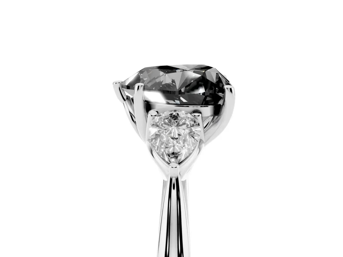 Fancy Black Three-Stone Heart Cut Brilliant Diamond Solitaire Ring with Tapered Band and Four-Prong Setting Silver