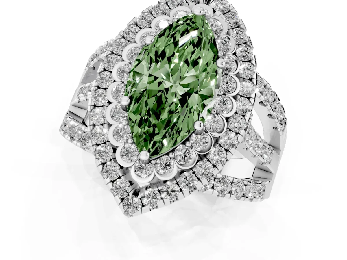 Fancy Green Marquise Cut Diamond Double Halo Ring with Round Pavé Split Shank and Prong Setting White gold