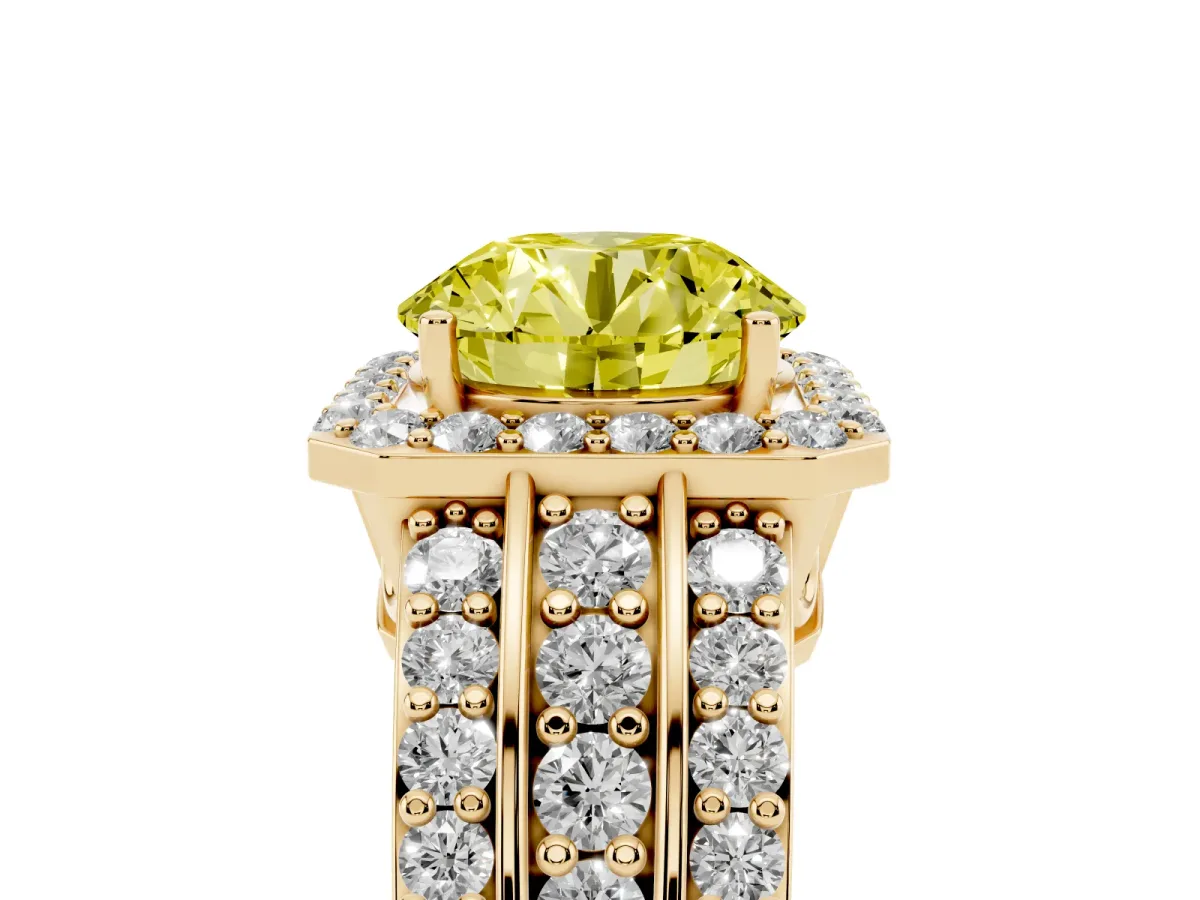 Fancy Yellow Round Cut Halo Diamond Ring with Round Split Shank and Prong Setting Yellow gold