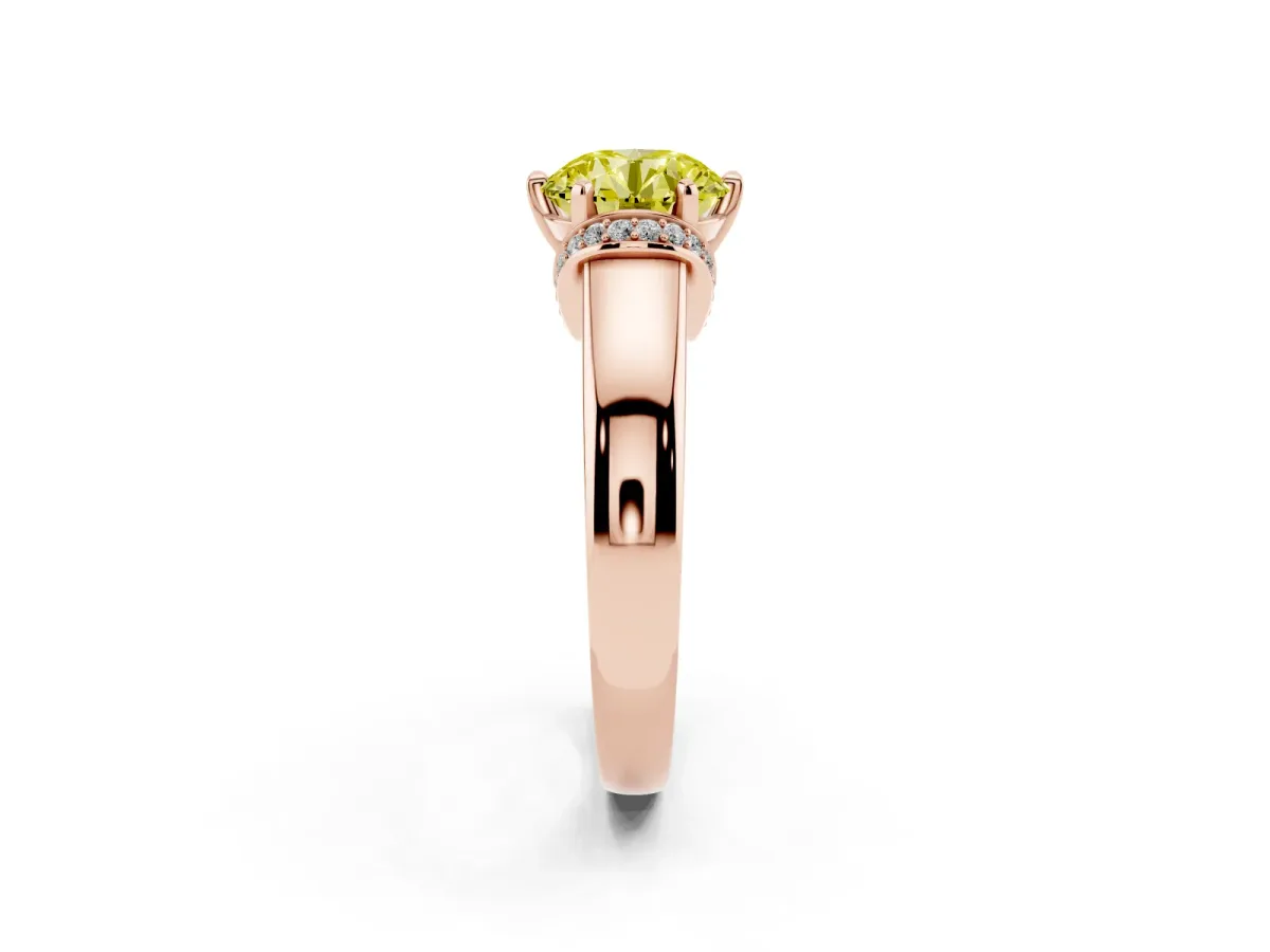 Fancy Yellow Round Cut Solitaire Diamond Ring with Pave Band and Six-Prong Setting Rose gold