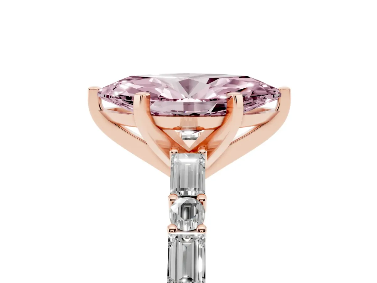 Fancy Pink Marquise Cut Diamond Solitaire with Side Baguettes and Channel Set Band Rose gold
