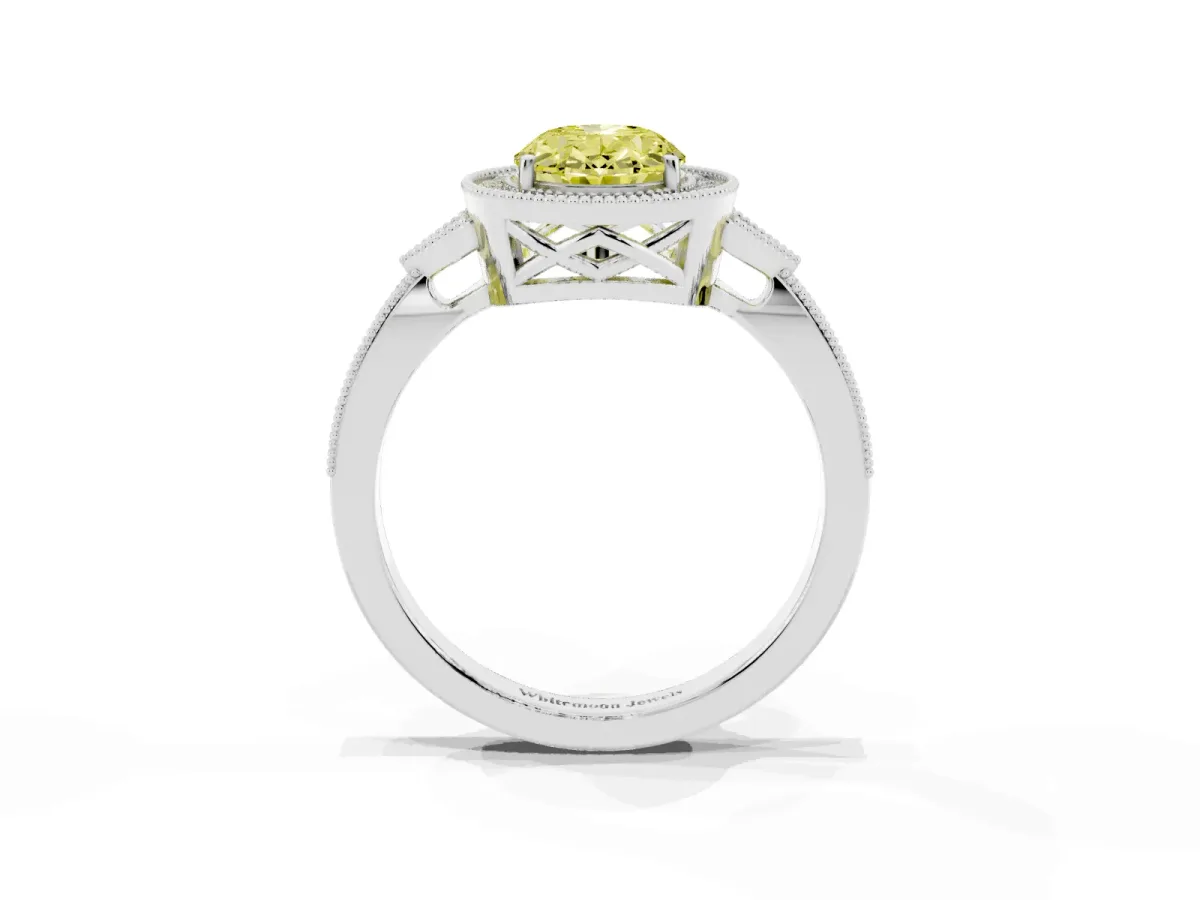 Fancy Yellow Oval Cut Halo Round Diamond Milgrain Pave Engagement Ring Platinum