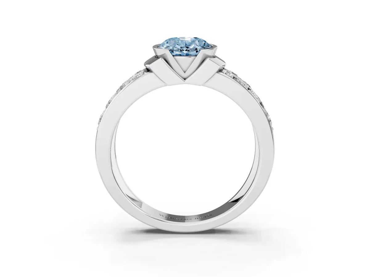 Fancy Blue Oval Cut Brilliant Diamond Channel Set Wide Band Ring with Bezel Setting Platinum