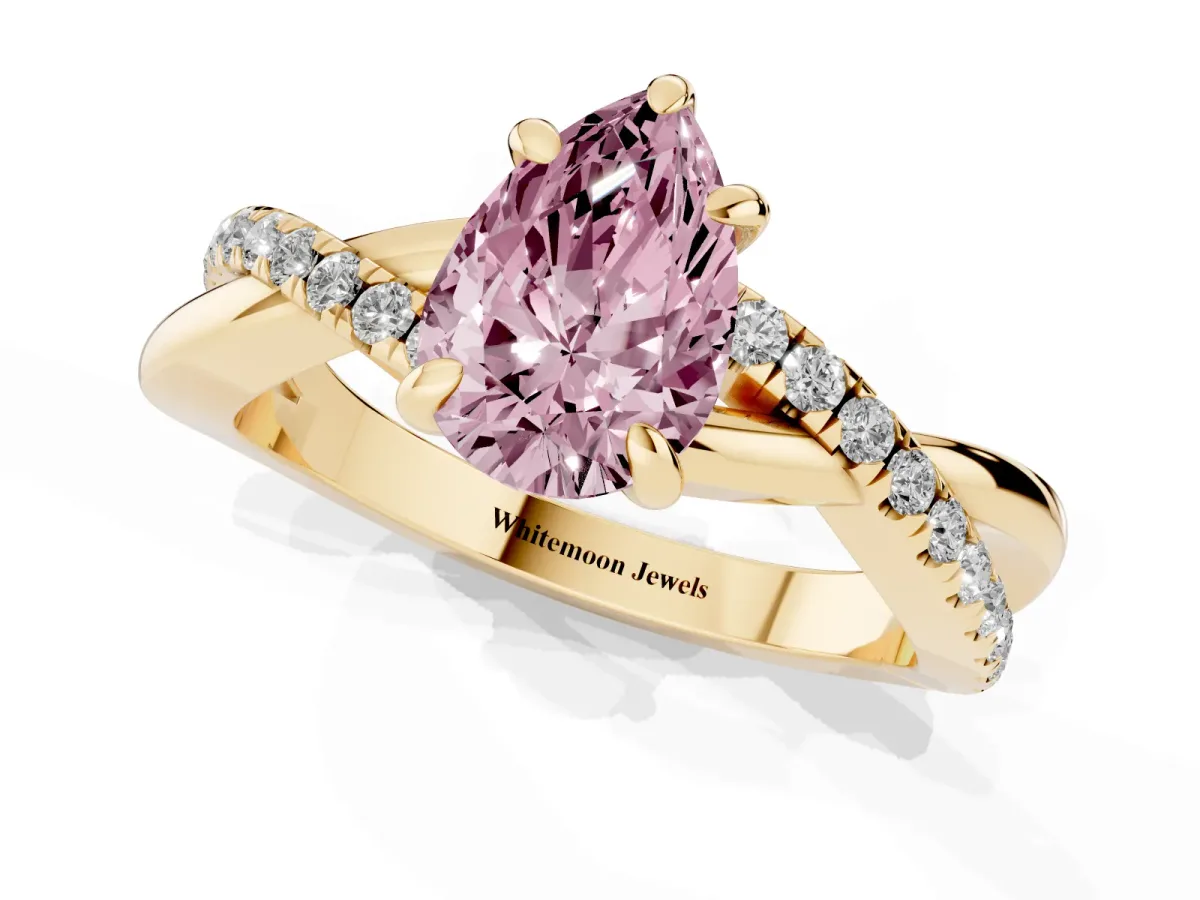 Fancy Pink Pear Cut Cut Diamond Twist Band Solitaire with Prong Setting Yellow gold