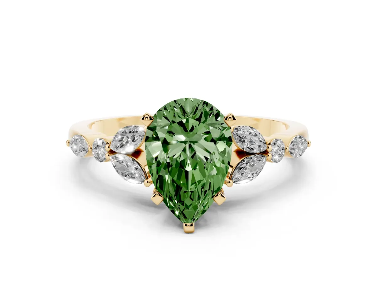 Fancy Green Pear Cut Diamond Solitaire Ring with Side Stones and Four-Prong Setting Yellow gold
