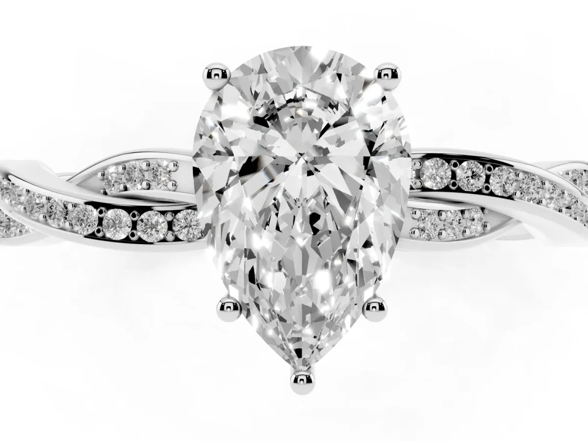 Pear Cut Solitaire Twisted Pave Diamond Ring with Four-Prong Setting White gold