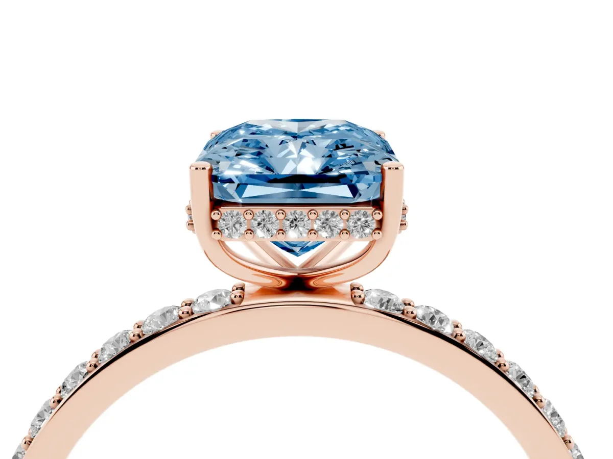 Fancy Blue Radiant Cut Diamond Solitaire Ring with Pavé Band and Hidden Halo Rose gold