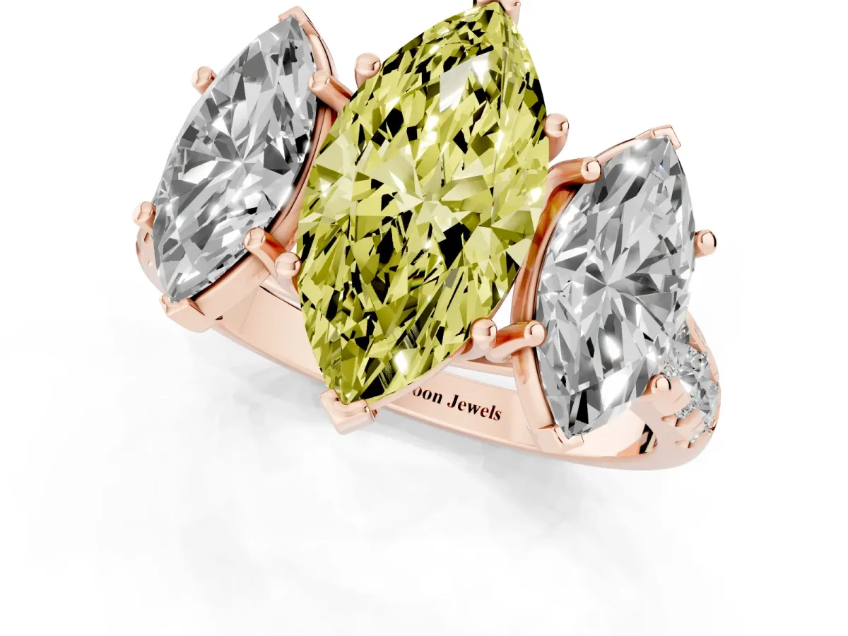 Fancy Yellow Three-Stone Marquise Cut Diamond Pavé Band with Prong Setting Rose gold
