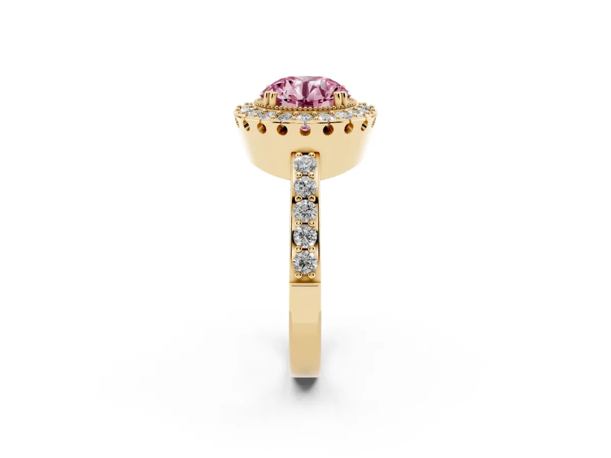 Fancy Pink Round Cut Diamond Halo Ring with Pavé Band and Prong Setting Yellow gold