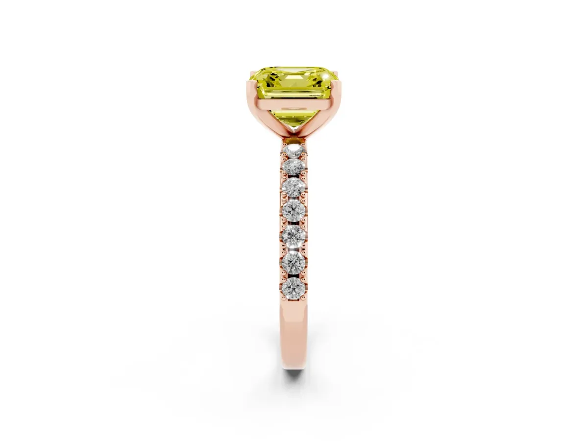 Fancy Yellow Asscher Cut Diamond Solitaire Pavé Band with Four-Prong Setting Rose gold