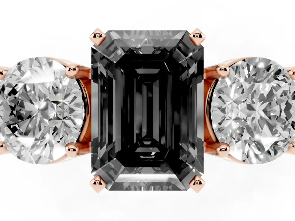 Fancy Black Three-Stone Emerald Cut Diamond Ring with Round Side Stones, Classic Band, and Four-Prong Setting Rose gold