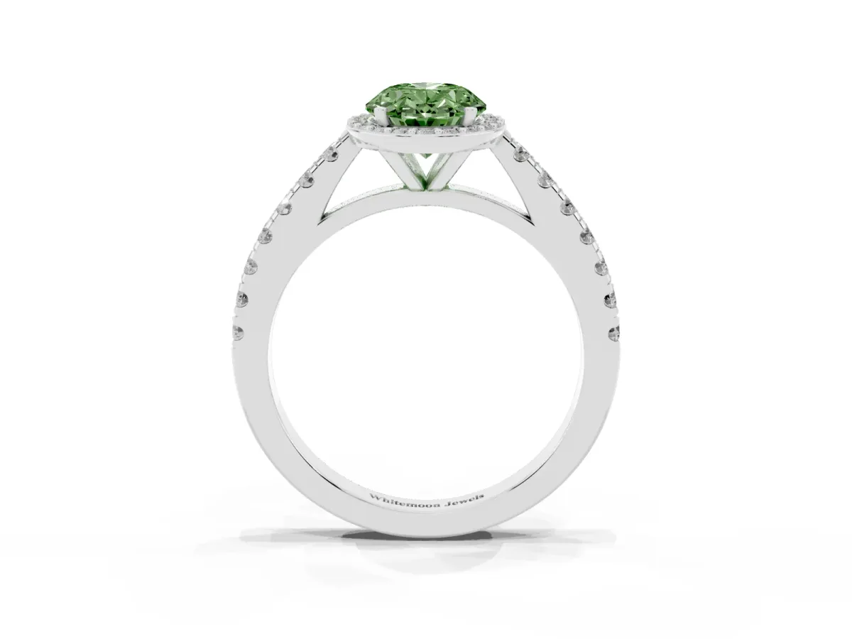Fancy Green Oval Cut Cut Halo Diamond Engagement Ring with Pave Band and Four-Prong Setting Platinum