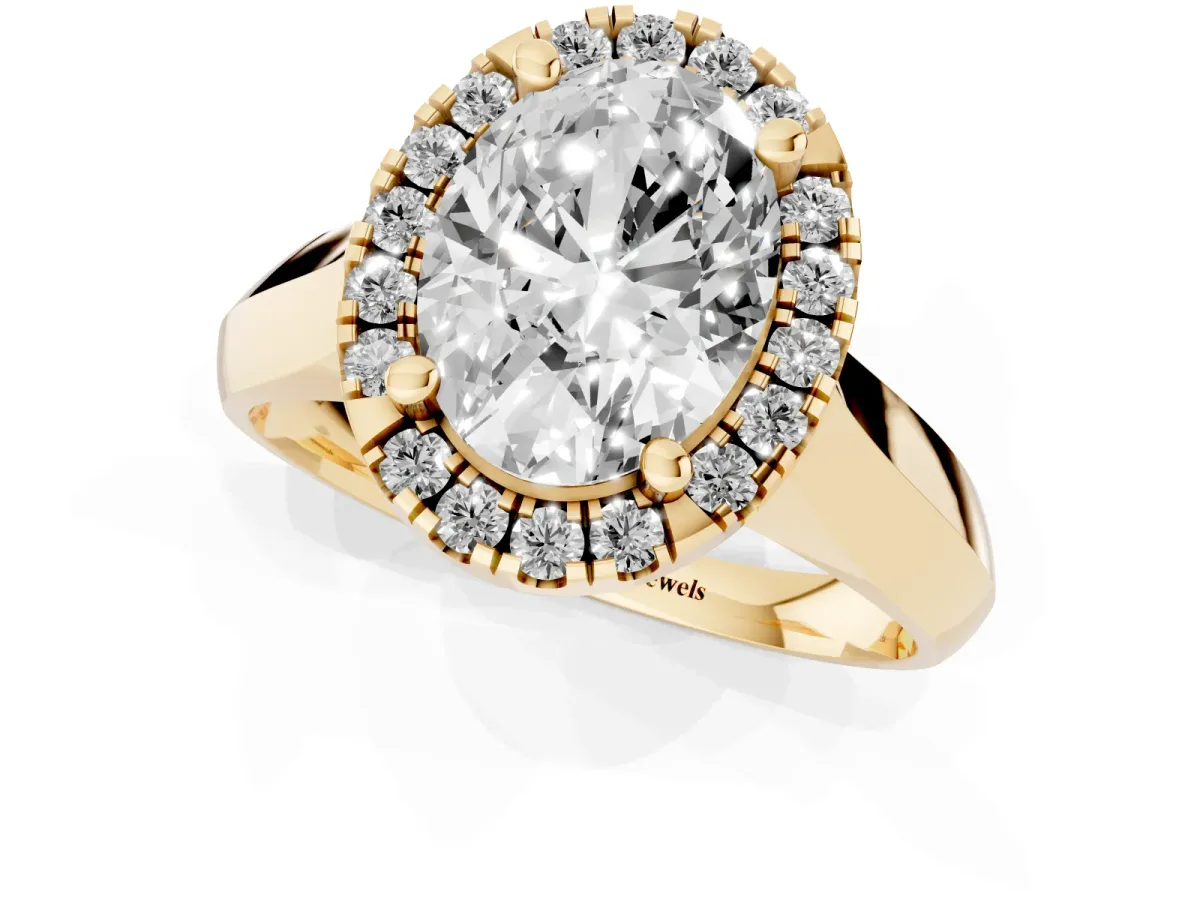 Oval Cut Cut Halo Solitaire Engagement Ring with Square Band and Four-Prong Setting Yellow gold