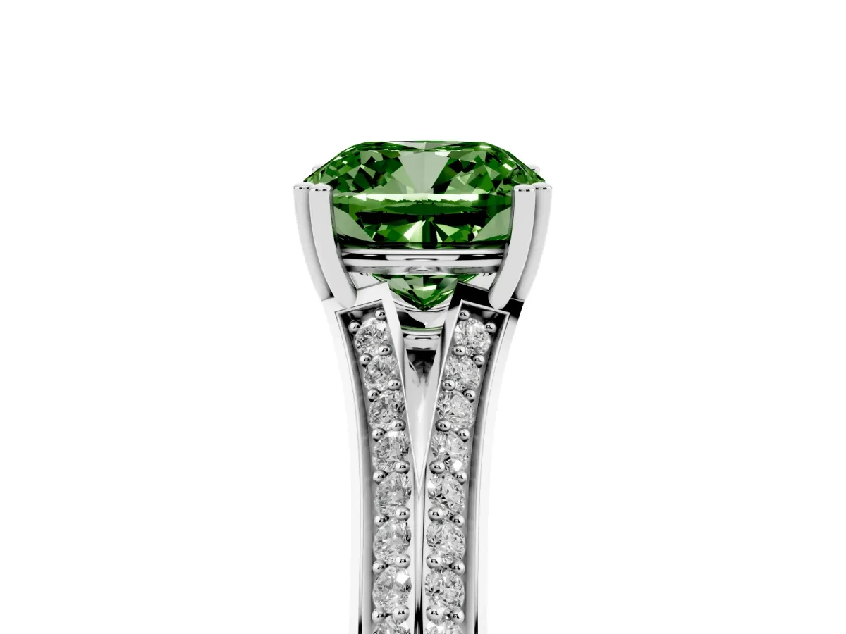 Fancy Green Cushion Cut Diamond Split Shank Engagement Ring with Pavé Band Platinum